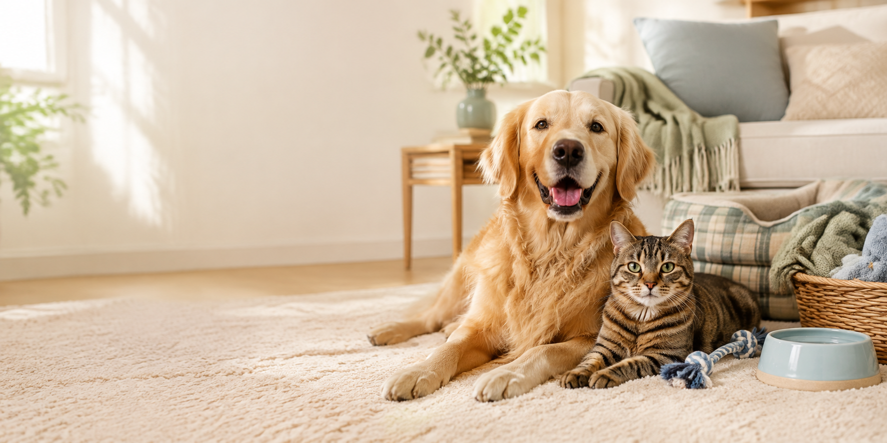 Happy dog and cat relaxing together