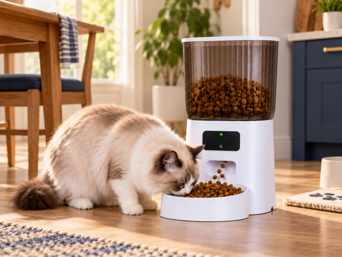 Automatic cat feeder dispensing kibble for a cat at mealtime