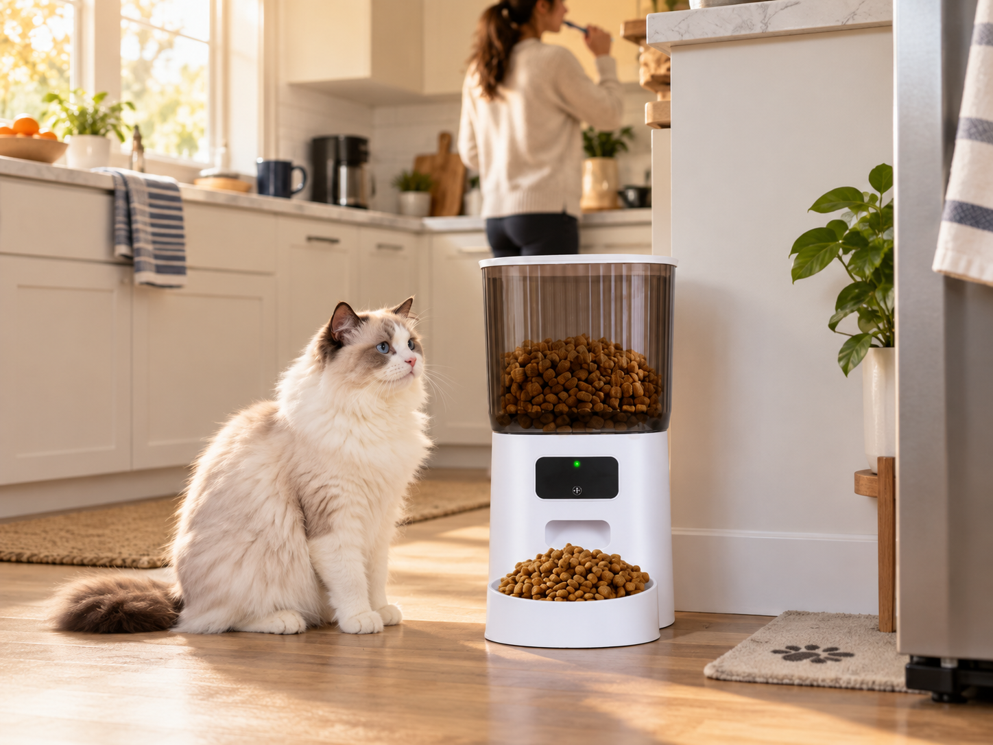 Cat waiting beside an automatic feeder during a busy morning