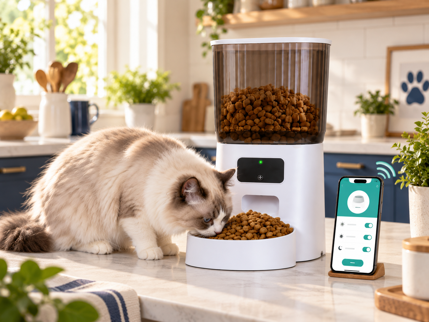 Cat eating beside a Wi-Fi automatic cat feeder and scheduling phone