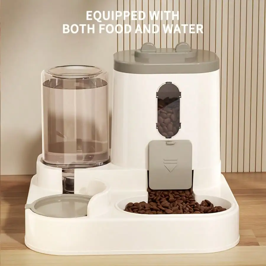 Cream feeder with clear water reservoir, kibble hopper and two bowls; image text reads “Equipped with both food and water.”