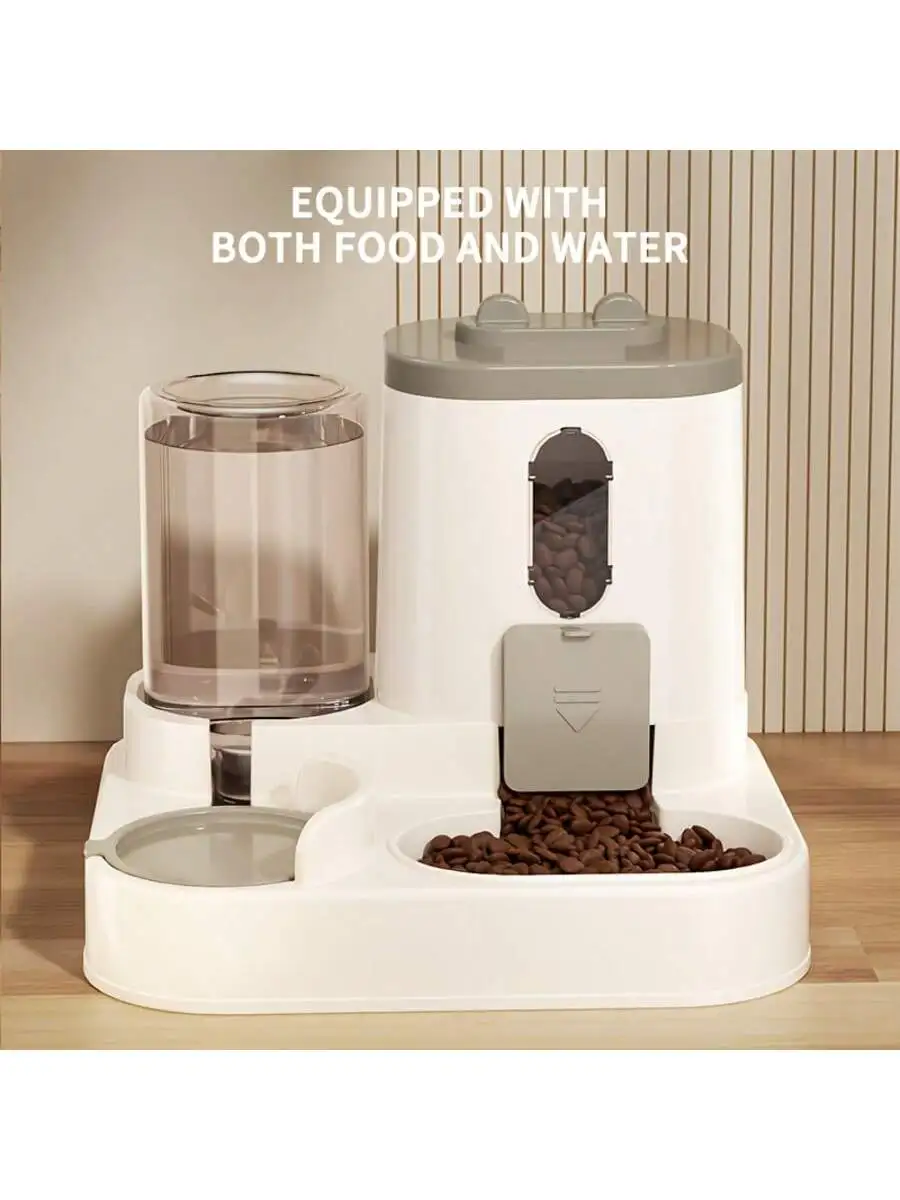 Cream-and-white feeder with a food hopper, clear water reservoir and separate front bowls.