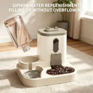 Cream-and-white 2-in-1 feeder with a clear water reservoir, visible kibble hopper and two front bowls; image text reads “Siphon water replenishment filling up without overflowing.”