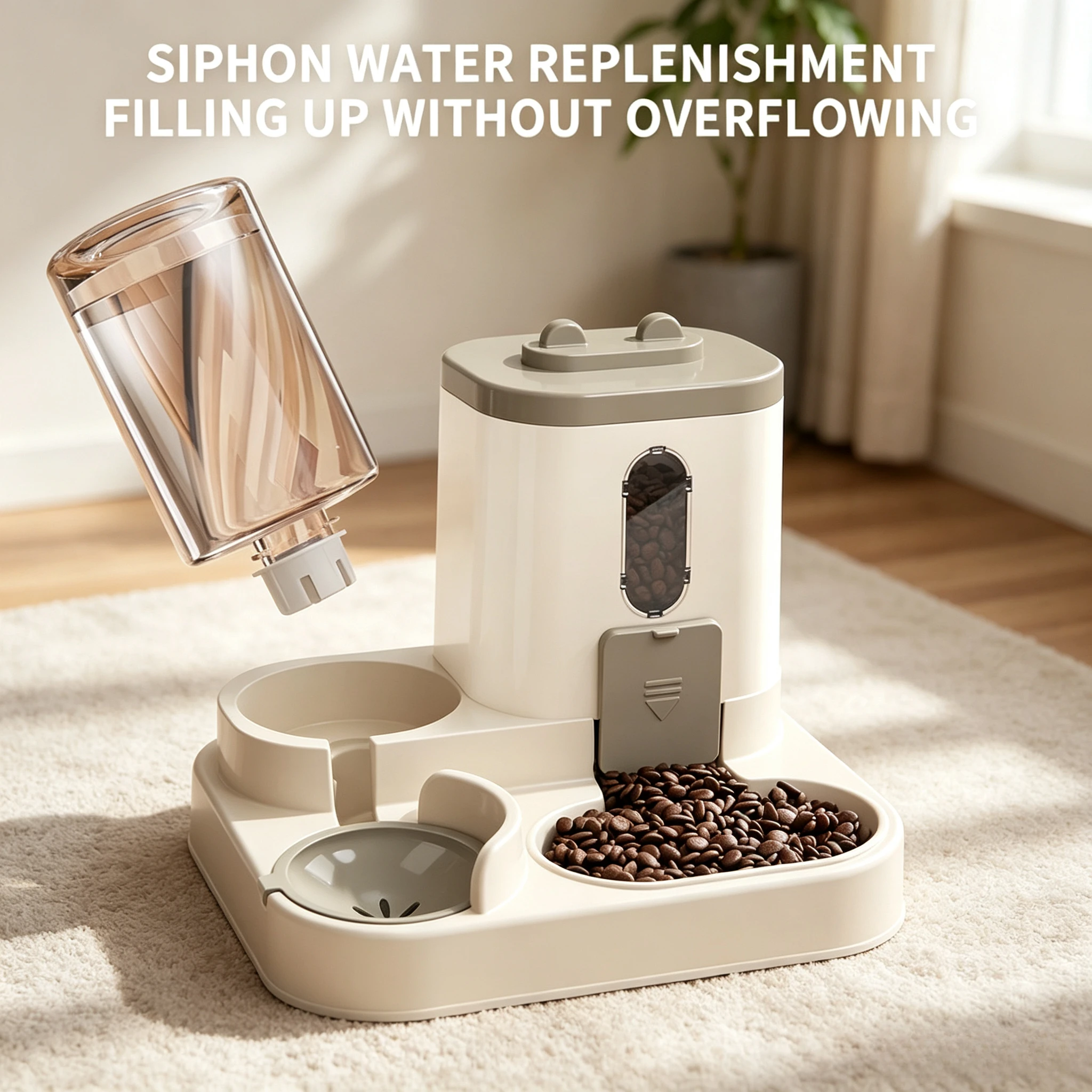 Cream-and-white 2-in-1 feeder with a clear water reservoir, visible kibble hopper and two front bowls; image text reads “Siphon water replenishment filling up without overflowing.”