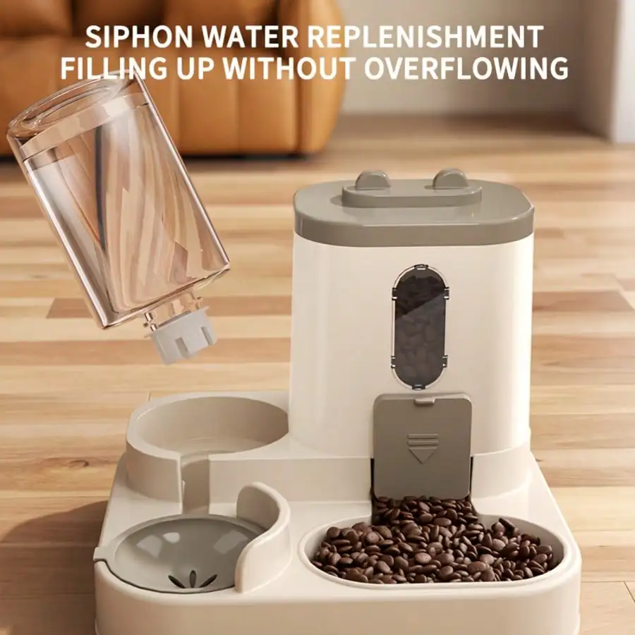 Cream-and-white feeder with a clear reservoir shown beside the unit; graphic text reads “Siphon water replenishment filling up without overflowing.”