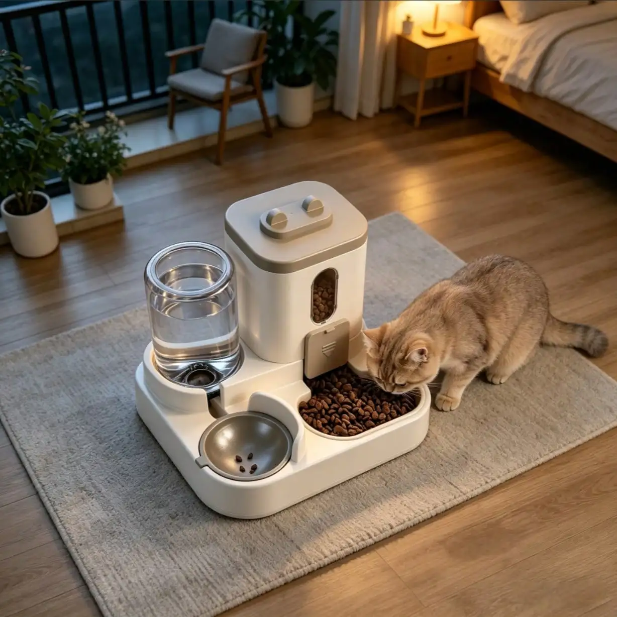 Tan cat eating kibble beside the clear water dispenser and front bowl of the 2-in-1 feeder.