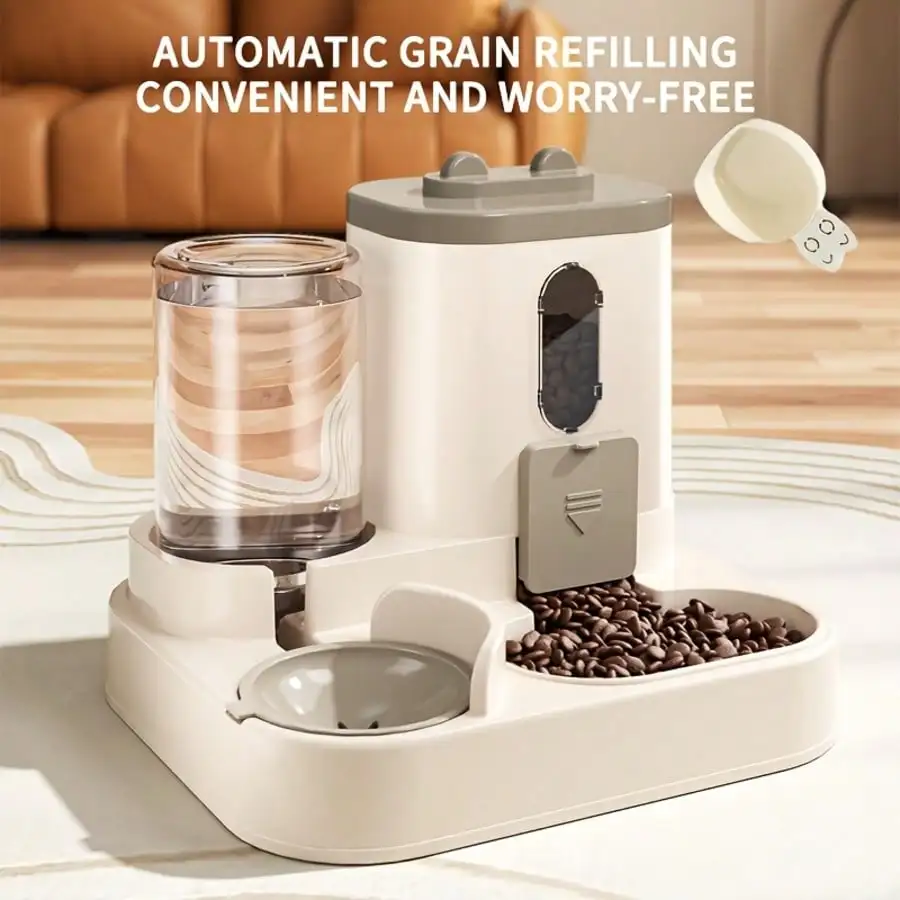 Feeder shown with clear water reservoir and kibble compartment; image text reads “Automatic grain refilling, convenient and worry-free.”