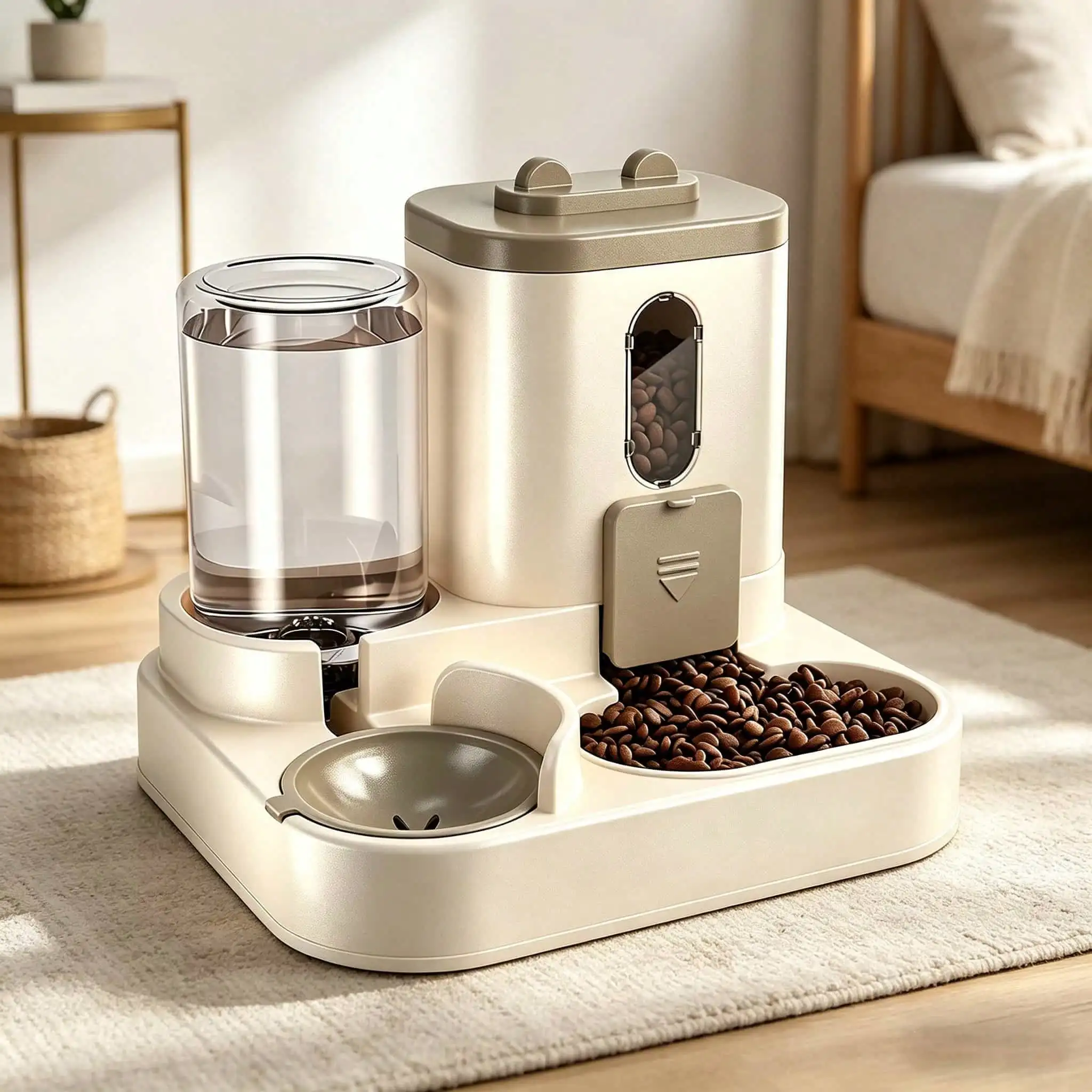 Close product view of a cream feeder, clear water reservoir, visible kibble window, dispensing flap and two front bowls.