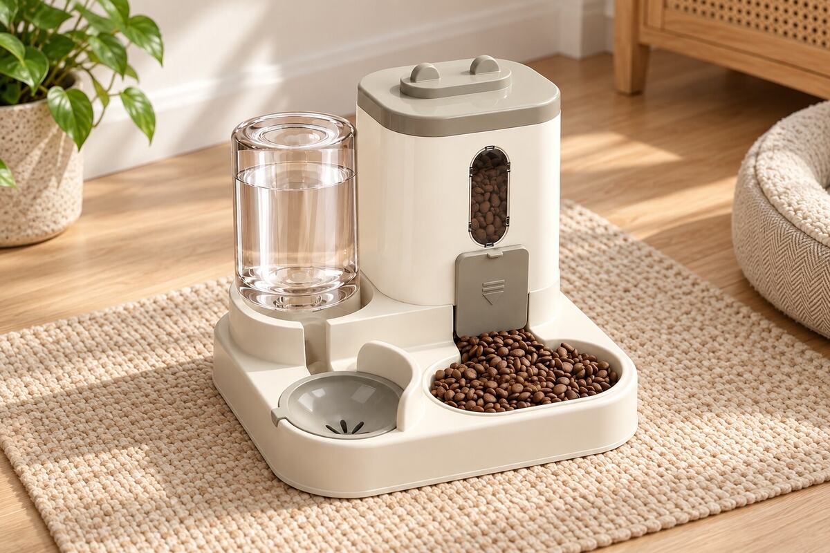 The exact cream and white automatic feeder with upright water reservoir, food hopper, and two front bowls in a tidy feeding area