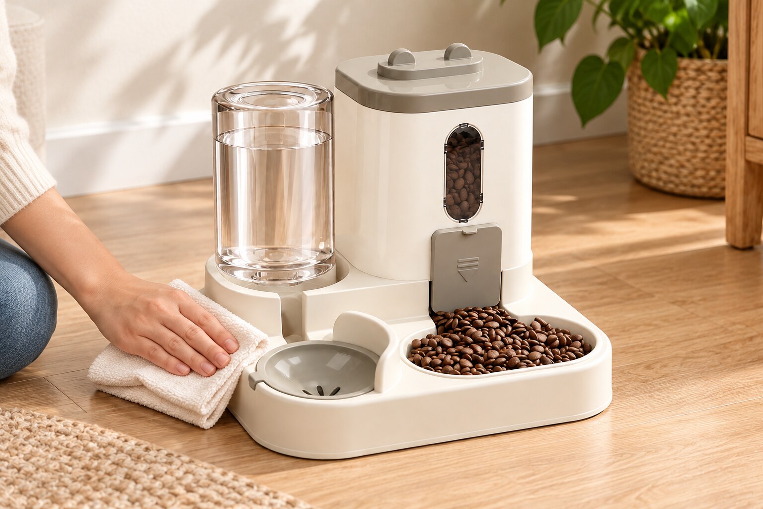 A hand wiping the exact cream and white automatic feeder with its upright water reservoir and front bowls