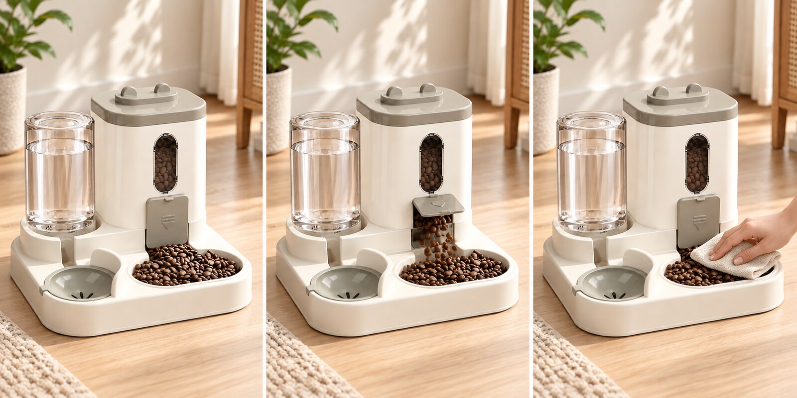 Three panels showing the exact feeder placed, dispensing kibble from its built-in chute, and being wiped clean