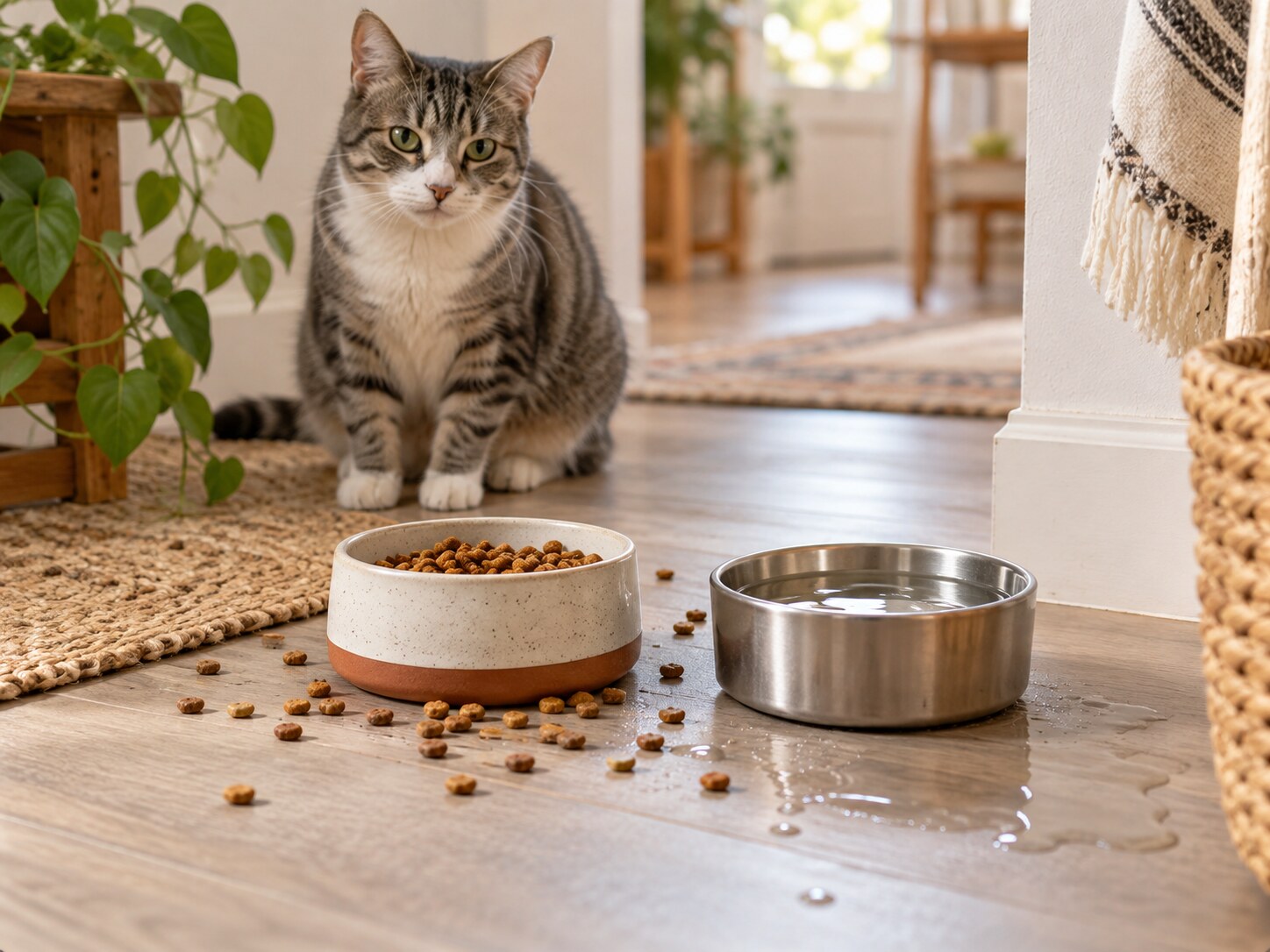 A cat beside separate food and water bowls with scattered kibble and a small spill in a home feeding area