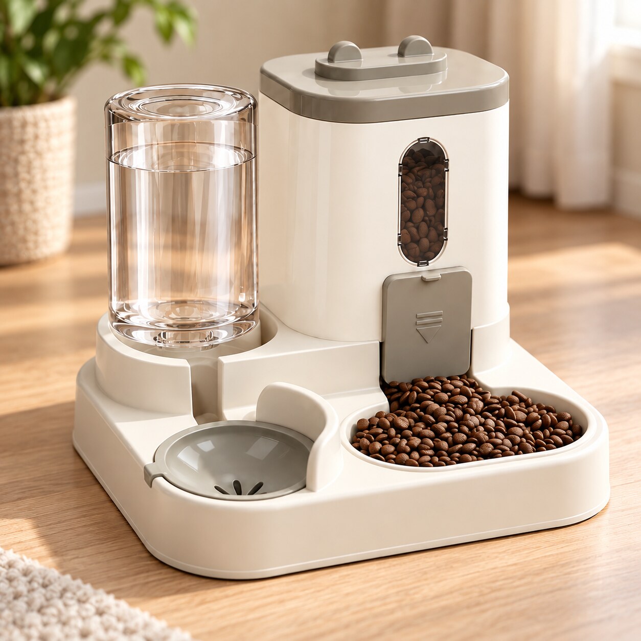 Close view of the exact cream and white automatic feeder showing its hopper, dispensing flap, upright water reservoir, and two front bowls