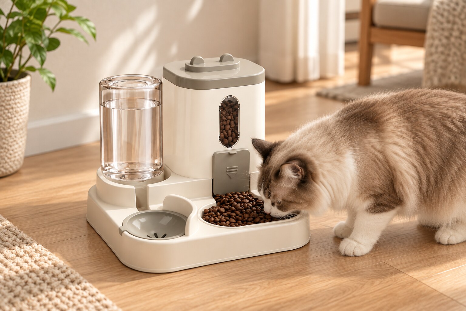 A cat eating from the front bowl of the exact cream and white automatic feeder with its upright water reservoir