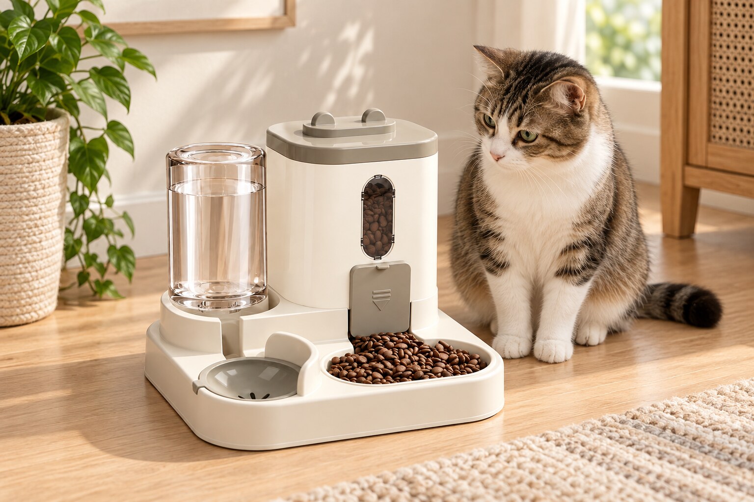 The exact cream and white automatic feeder with its upright water reservoir beside a cat in a tidy home
