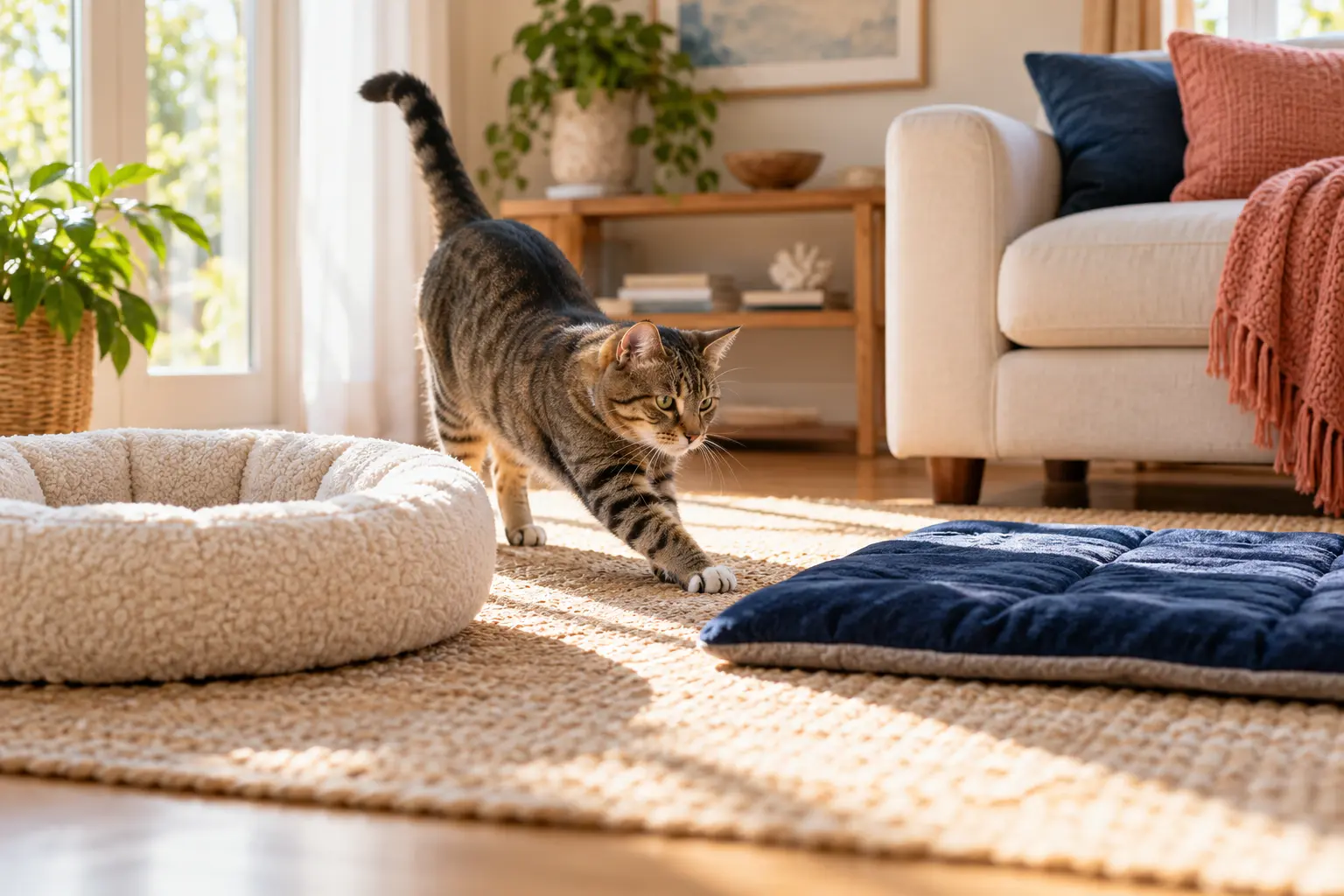 Grey cat choosing between comfortable pet beds in a calm, sunlit room