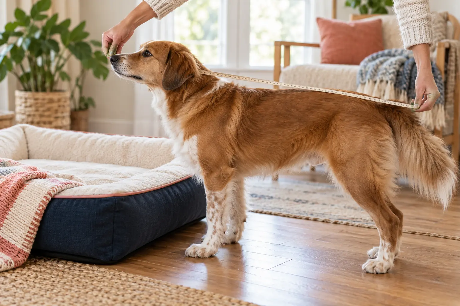Person measuring a dog from nose to tail beside a soft pet bed in a bright home