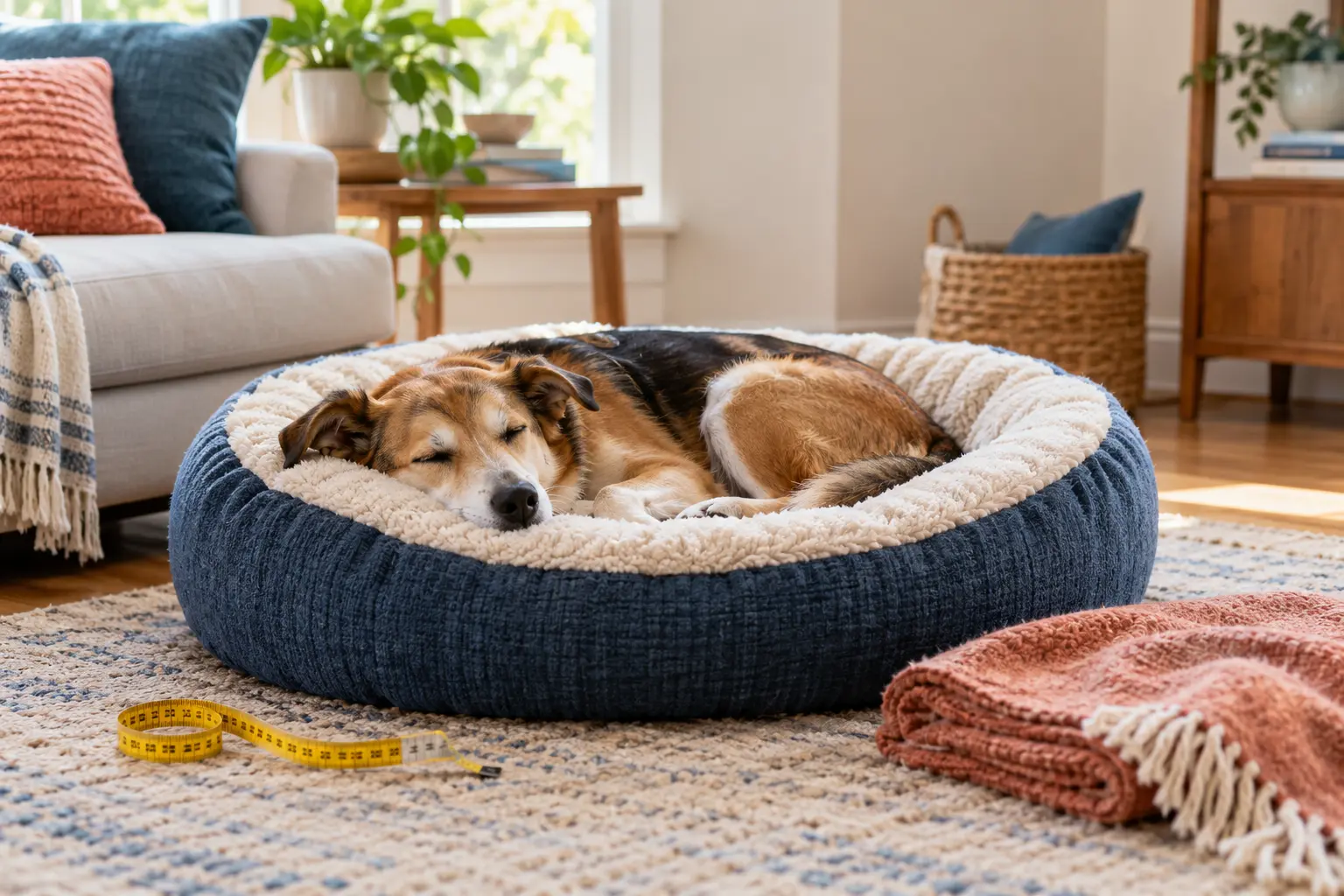 Relaxed dog sleeping in a round pet bed beside a measuring tape in a bright living room