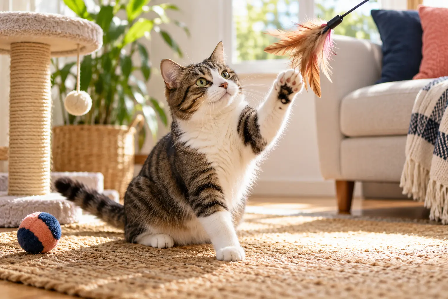 Cat playing with a wand toy in a bright, calm living room
