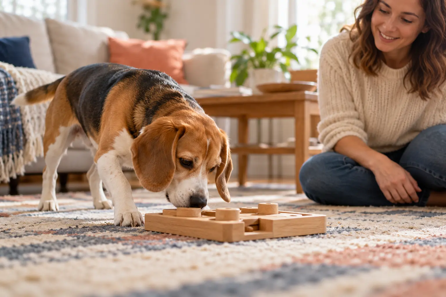 Dog working on a puzzle enrichment toy on a woven mat in a bright home