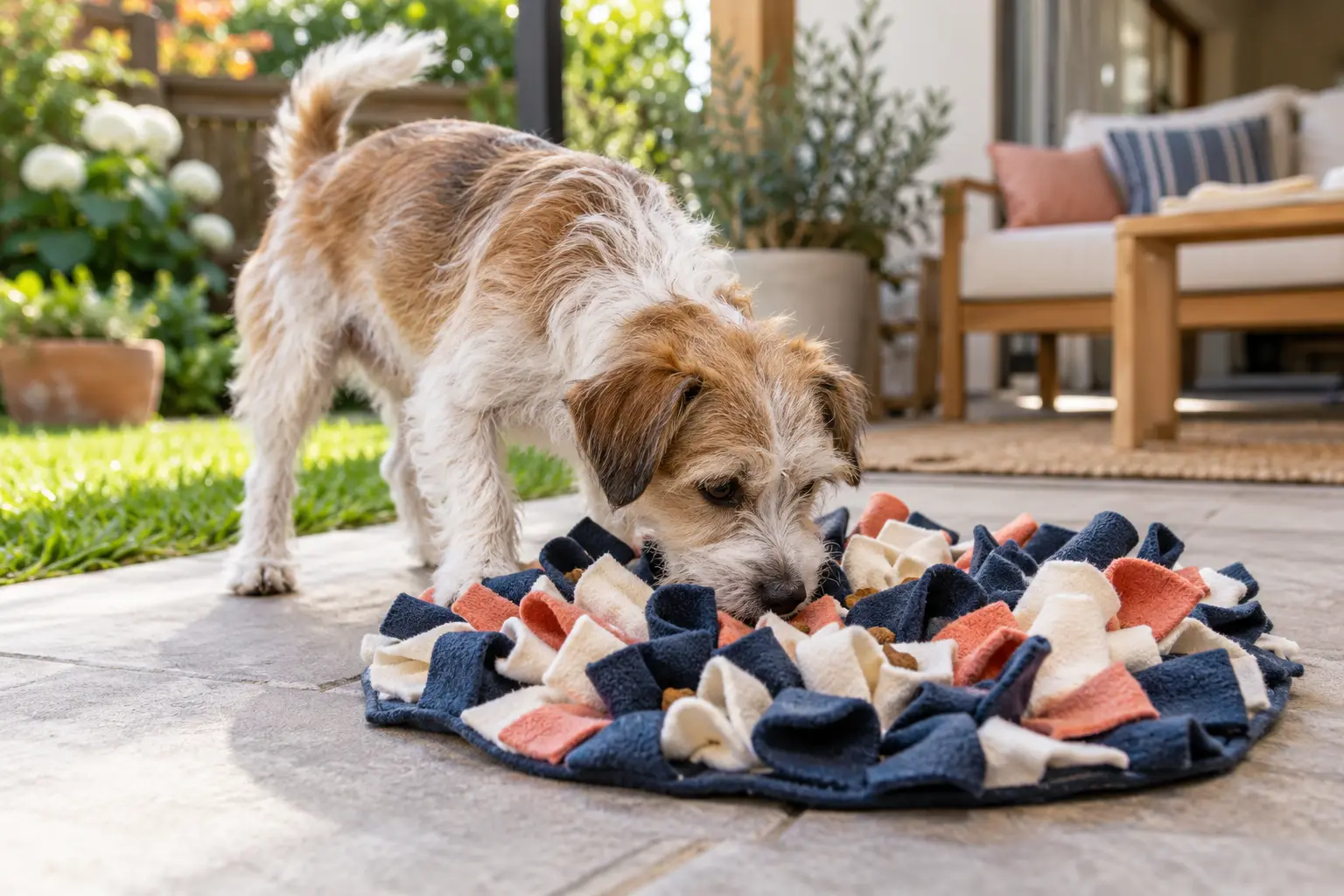 Dog exploring a natural sniffing enrichment activity on a bright lawn