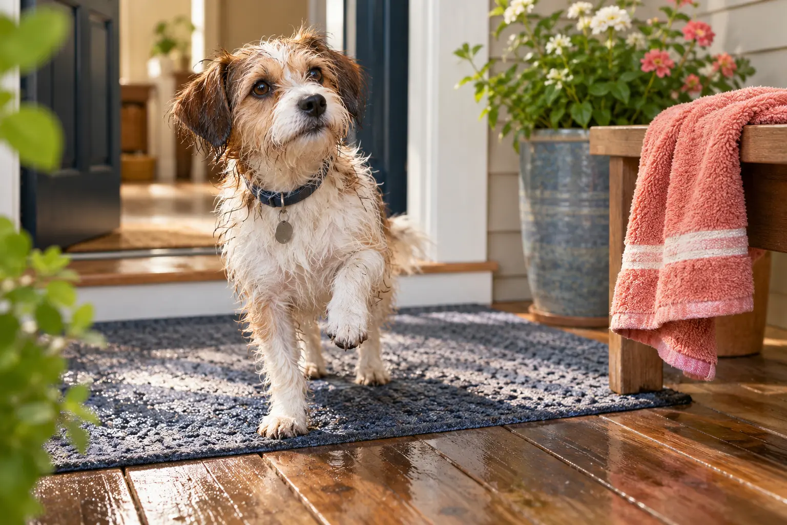Wet dog sitting calmly on a covered porch after a rainy walk while its paws dry