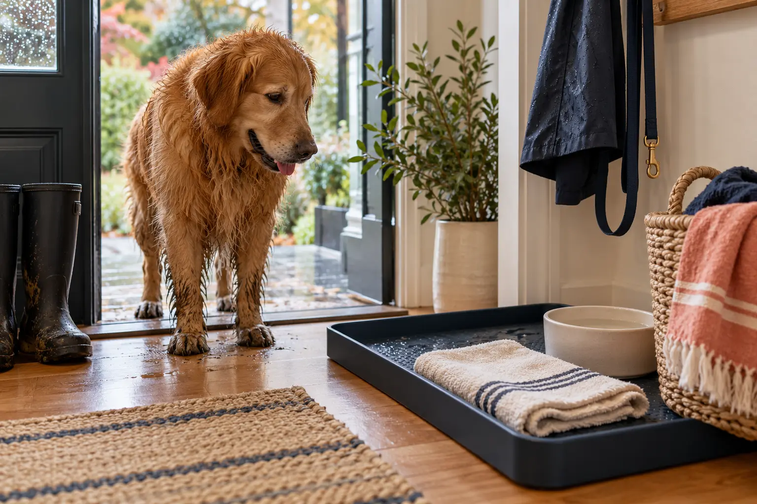 Organized entryway paw-cleanup station with towels, a water bowl and a dog after a wet walk