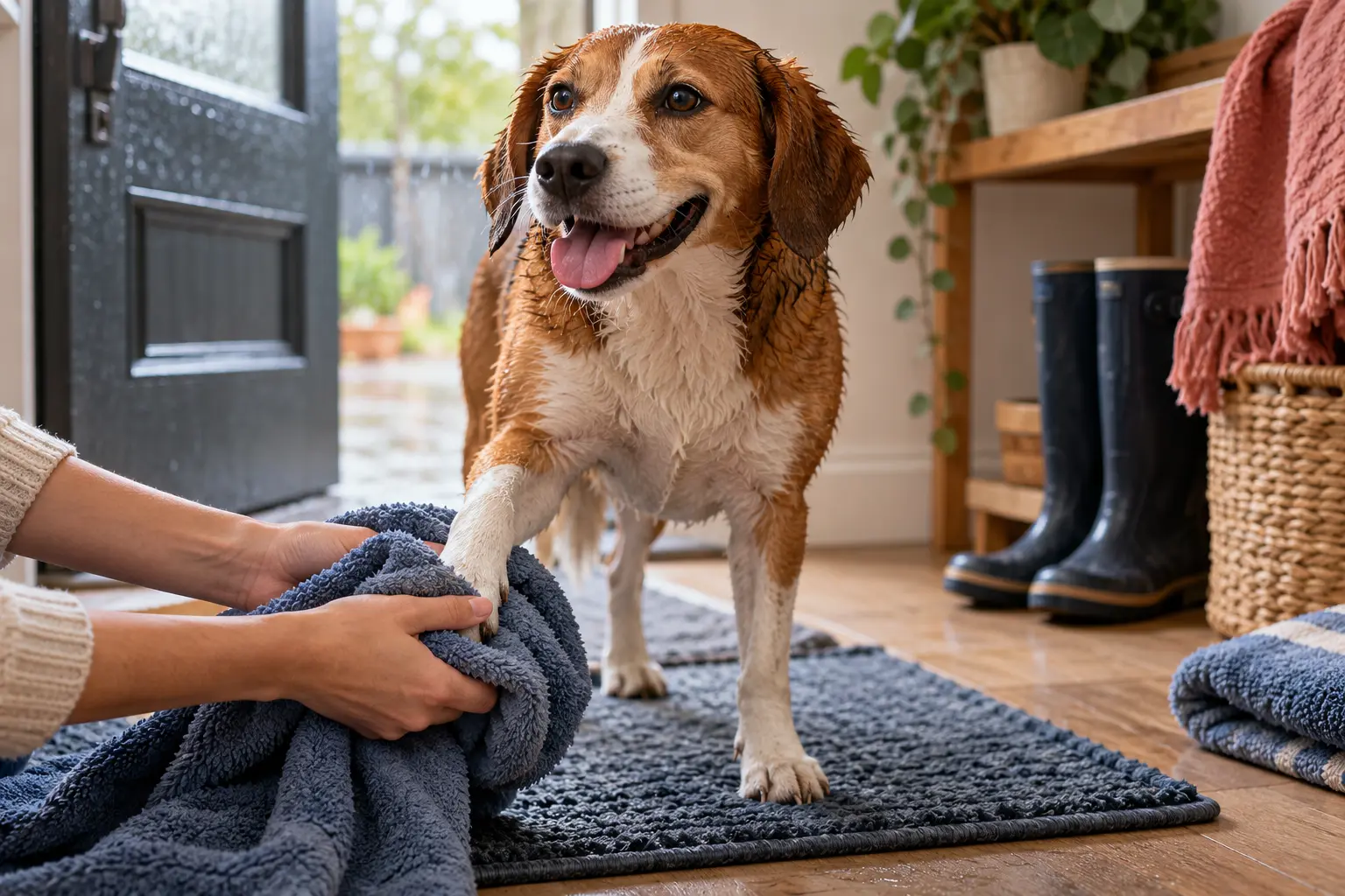 Pet owner gently wiping a wet dog paw with a soft towel after an outdoor walk