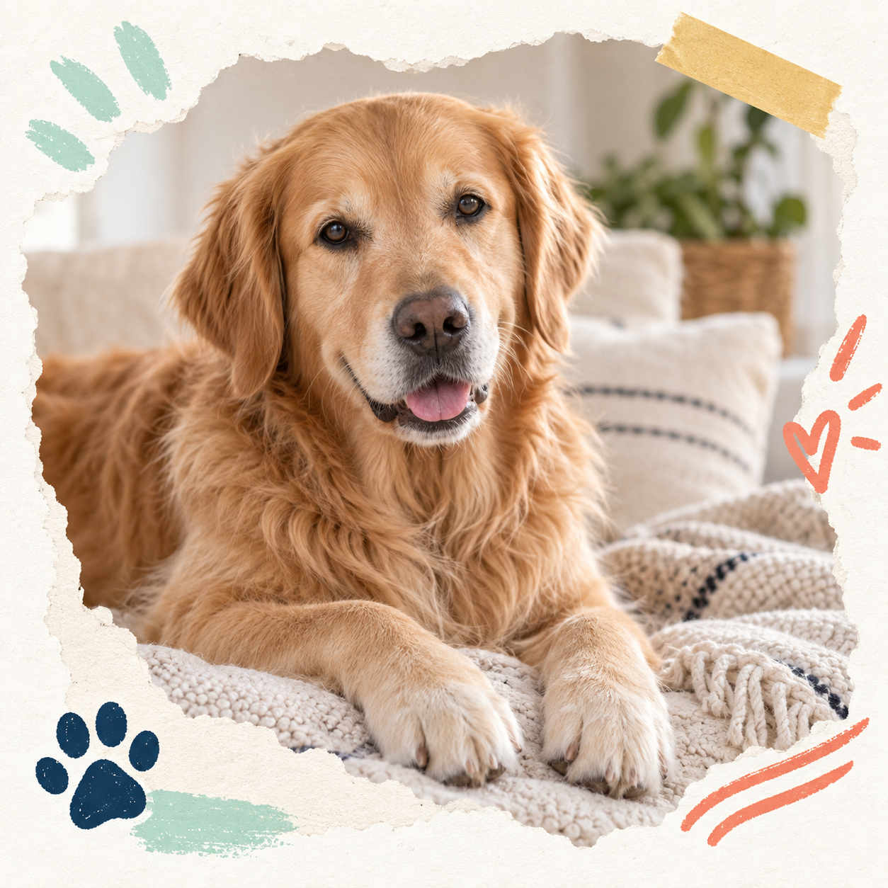 Golden retriever resting comfortably on a cozy blanket, framed by hand-torn paper and playful brand marks.