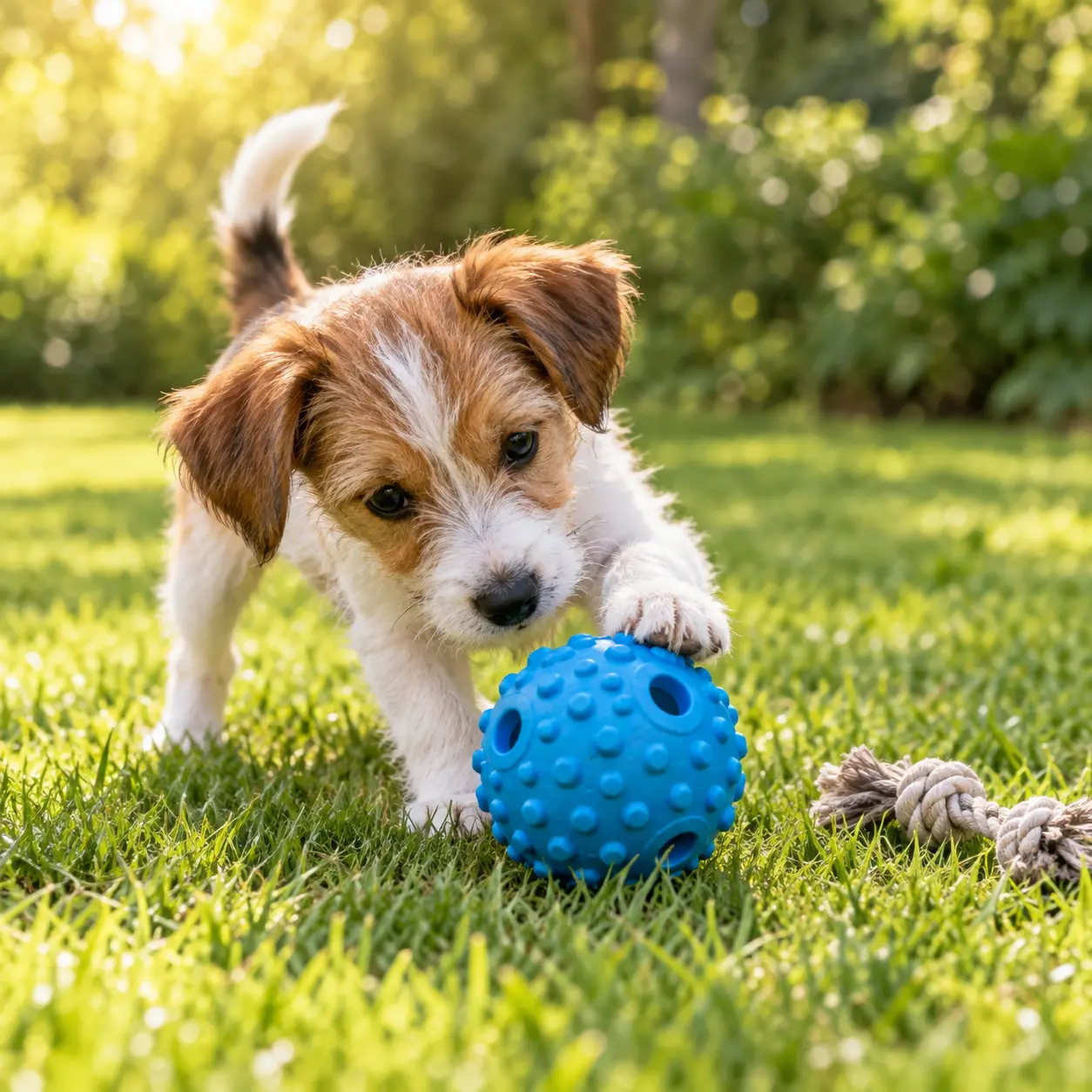 Puppy exploring a blue enrichment ball outdoors