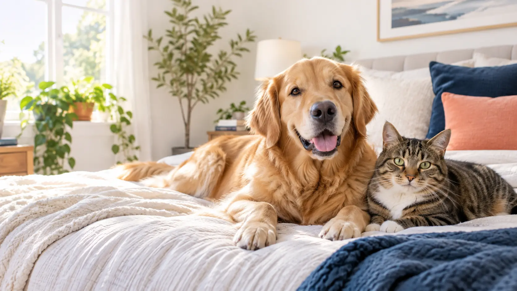 Golden retriever and tabby cat resting together on a bed