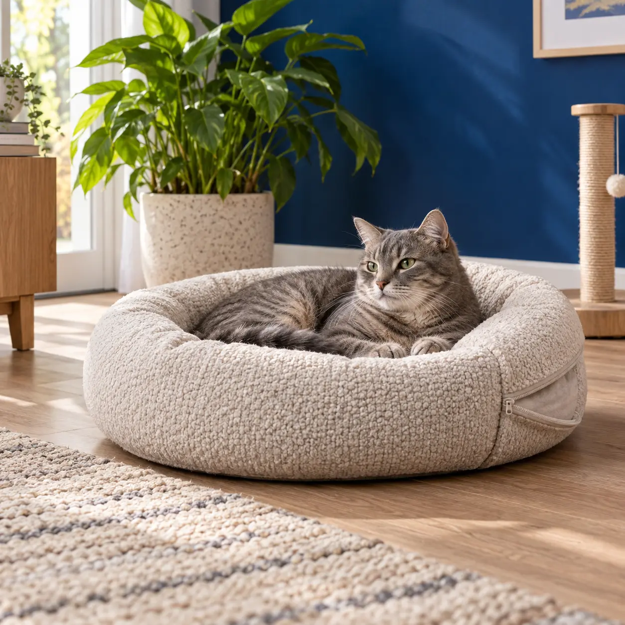 Grey tabby cat resting in a raised-rim neutral pet bed at home