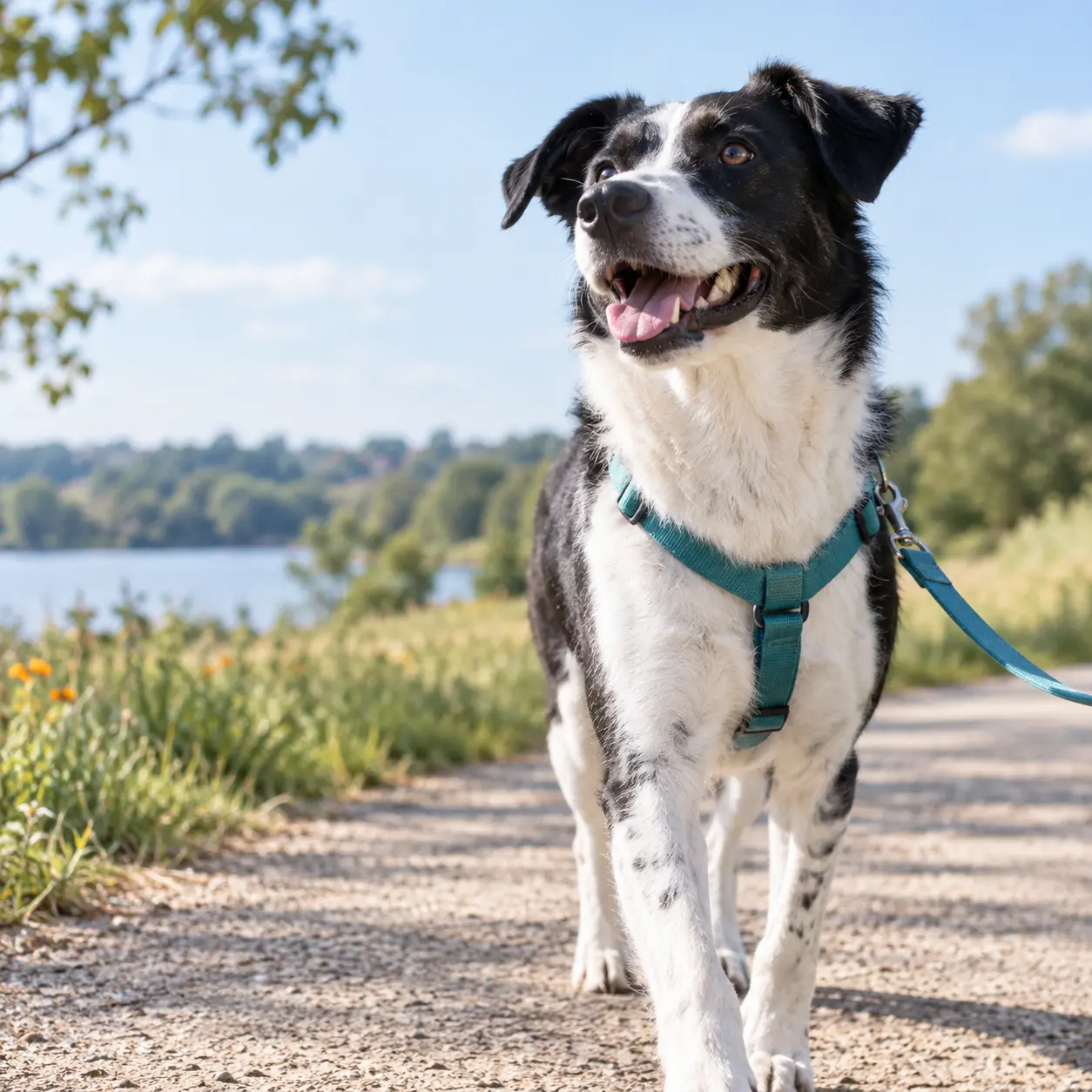 Black-and-white dog on a sunny walk wearing a teal harness